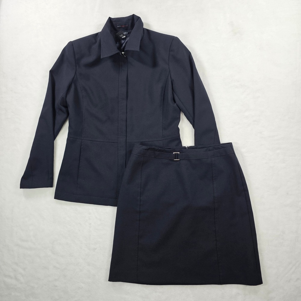 New York & Company City Stretch Navy Blue Skirt Suit Set Size 6 Zip Jacket Skirt